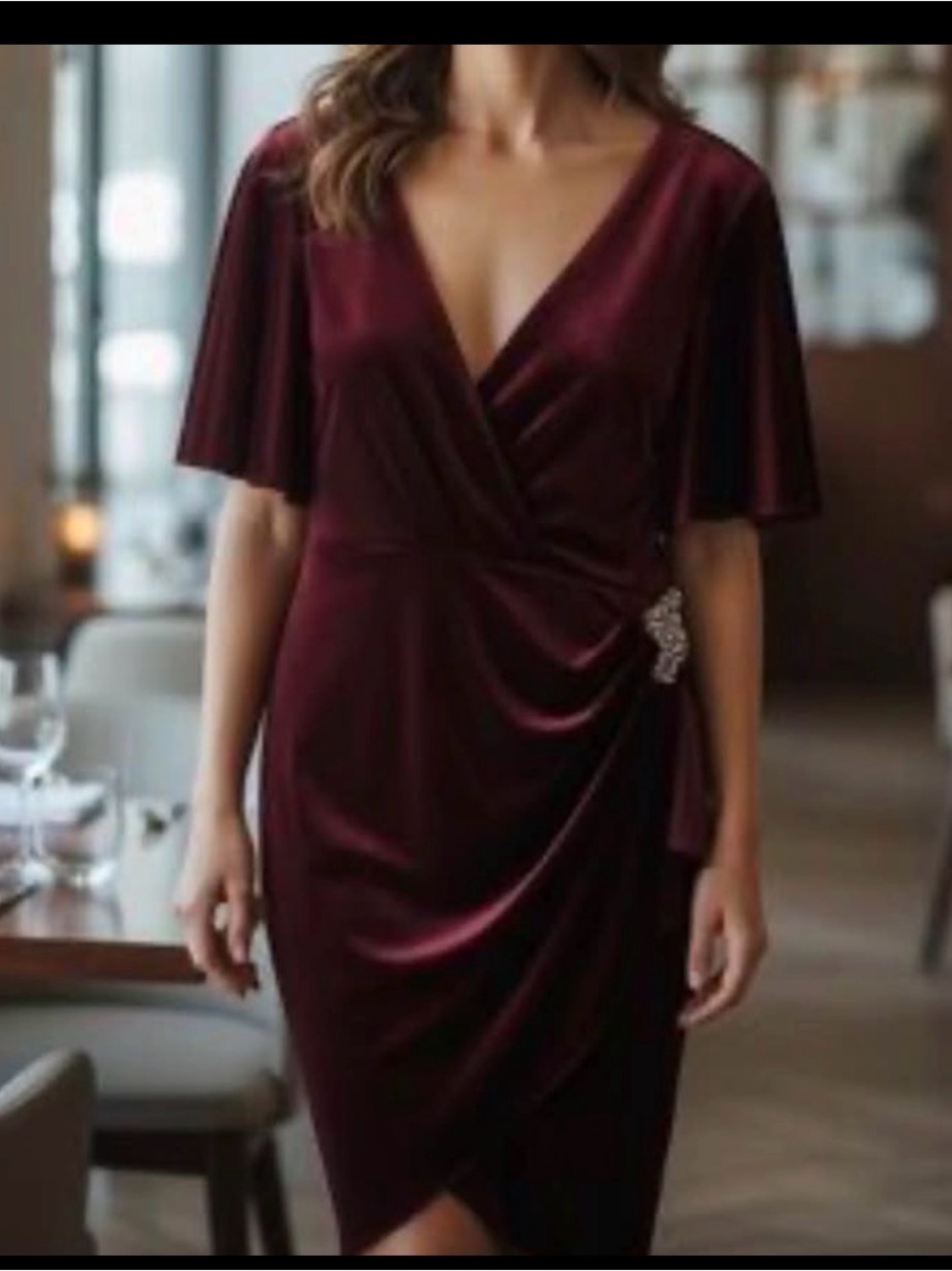 SLNY Burgundy Velvet Wrap Midi Dress with Side Brooch